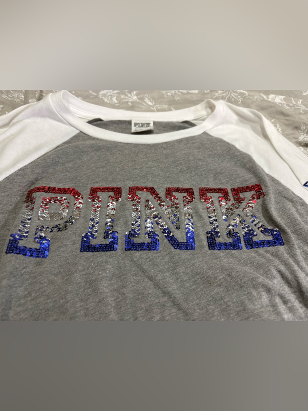 VS PINK grey white ringer baseball tee small red white blue sequins